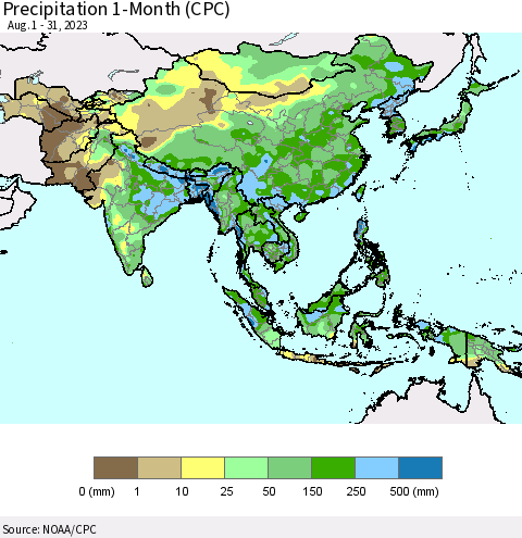 Asia Precipitation 1-Month (CPC) Thematic Map For 8/1/2023 - 8/31/2023