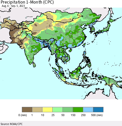Asia Precipitation 1-Month (CPC) Thematic Map For 8/6/2023 - 9/5/2023