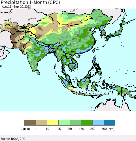 Asia Precipitation 1-Month (CPC) Thematic Map For 8/11/2023 - 9/10/2023
