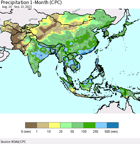 Asia Precipitation 1-Month (CPC) Thematic Map For 8/16/2023 - 9/15/2023