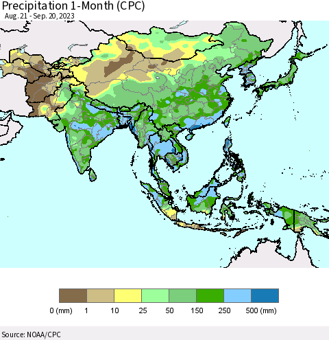 Asia Precipitation 1-Month (CPC) Thematic Map For 8/21/2023 - 9/20/2023