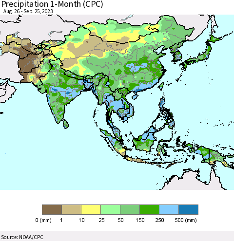 Asia Precipitation 1-Month (CPC) Thematic Map For 8/26/2023 - 9/25/2023