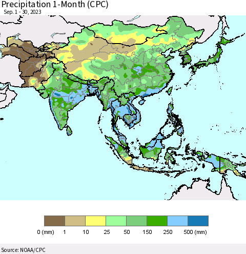 Asia Precipitation 1-Month (CPC) Thematic Map For 9/1/2023 - 9/30/2023