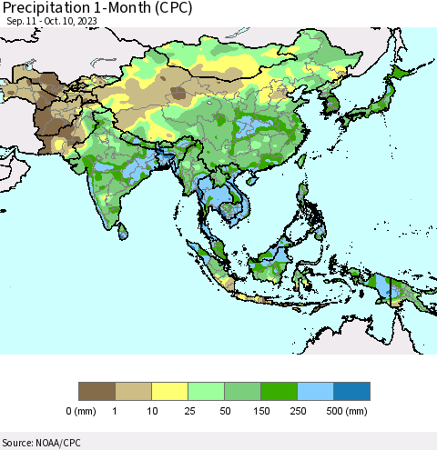 Asia Precipitation 1-Month (CPC) Thematic Map For 9/11/2023 - 10/10/2023