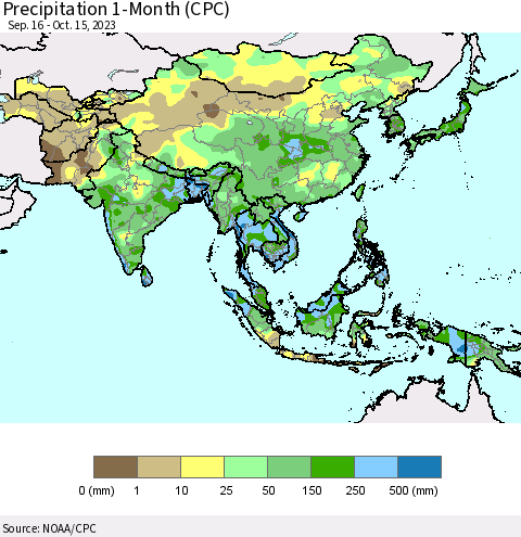 Asia Precipitation 1-Month (CPC) Thematic Map For 9/16/2023 - 10/15/2023