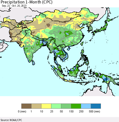Asia Precipitation 1-Month (CPC) Thematic Map For 9/21/2023 - 10/20/2023