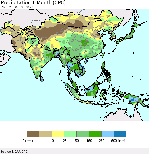 Asia Precipitation 1-Month (CPC) Thematic Map For 9/26/2023 - 10/25/2023