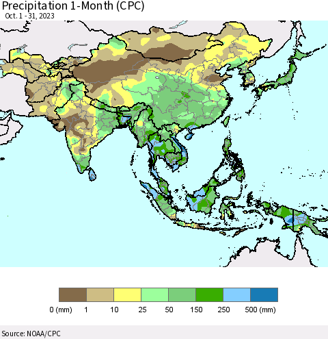 Asia Precipitation 1-Month (CPC) Thematic Map For 10/1/2023 - 10/31/2023