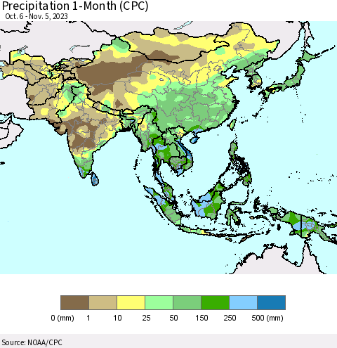 Asia Precipitation 1-Month (CPC) Thematic Map For 10/6/2023 - 11/5/2023