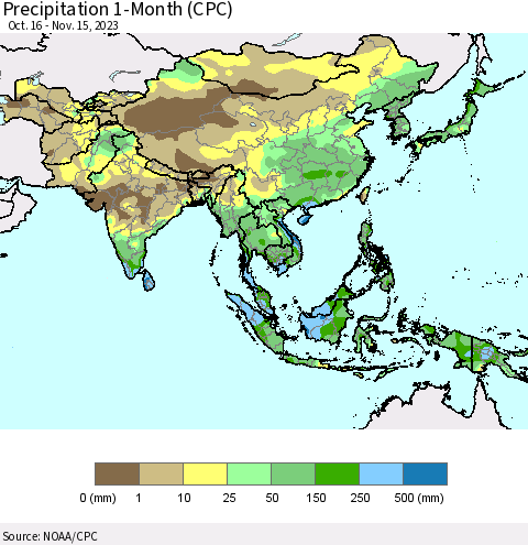 Asia Precipitation 1-Month (CPC) Thematic Map For 10/16/2023 - 11/15/2023