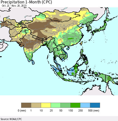Asia Precipitation 1-Month (CPC) Thematic Map For 10/21/2023 - 11/20/2023
