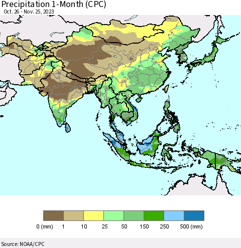 Asia Precipitation 1-Month (CPC) Thematic Map For 10/26/2023 - 11/25/2023