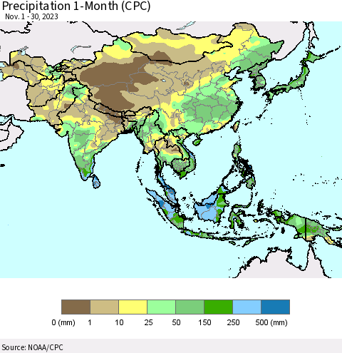 Asia Precipitation 1-Month (CPC) Thematic Map For 11/1/2023 - 11/30/2023
