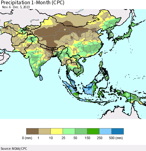 Asia Precipitation 1-Month (CPC) Thematic Map For 11/6/2023 - 12/5/2023