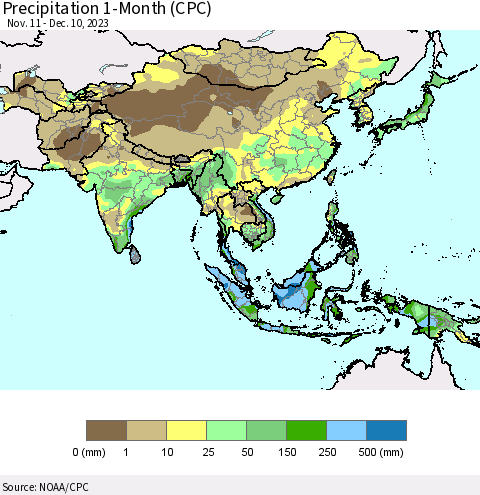 Asia Precipitation 1-Month (CPC) Thematic Map For 11/11/2023 - 12/10/2023