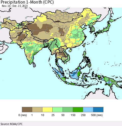 Asia Precipitation 1-Month (CPC) Thematic Map For 11/16/2023 - 12/15/2023