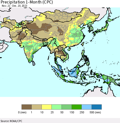 Asia Precipitation 1-Month (CPC) Thematic Map For 11/21/2023 - 12/20/2023