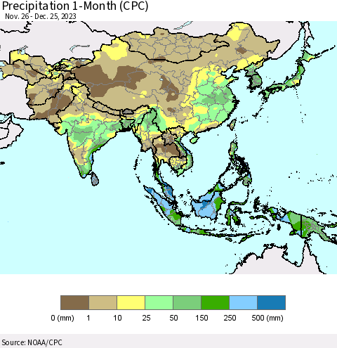 Asia Precipitation 1-Month (CPC) Thematic Map For 11/26/2023 - 12/25/2023