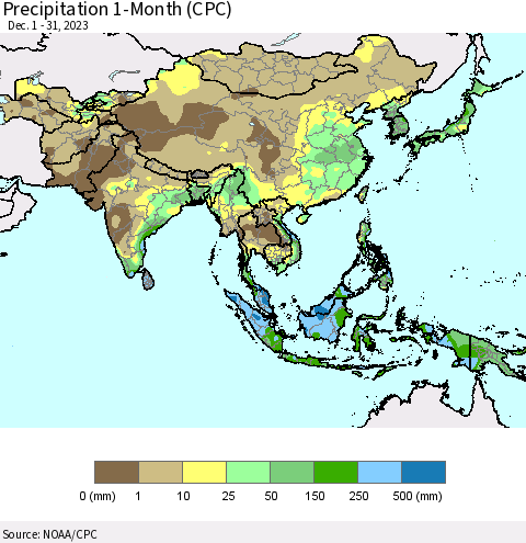 Asia Precipitation 1-Month (CPC) Thematic Map For 12/1/2023 - 12/31/2023