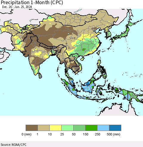Asia Precipitation 1-Month (CPC) Thematic Map For 12/26/2023 - 1/25/2024