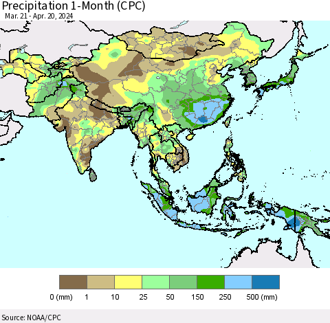 Asia Precipitation 1-Month (CPC) Thematic Map For 3/21/2024 - 4/20/2024