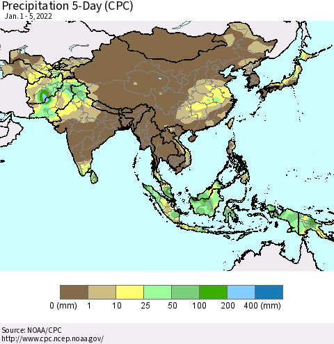 Asia Precipitation 5-Day (CPC) Thematic Map For 1/1/2022 - 1/5/2022