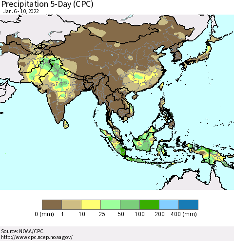 Asia Precipitation 5-Day (CPC) Thematic Map For 1/6/2022 - 1/10/2022