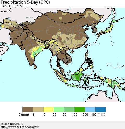 Asia Precipitation 5-Day (CPC) Thematic Map For 1/11/2022 - 1/15/2022