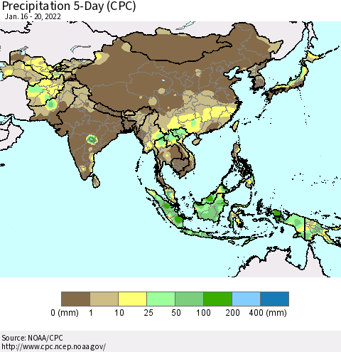 Asia Precipitation 5-Day (CPC) Thematic Map For 1/16/2022 - 1/20/2022