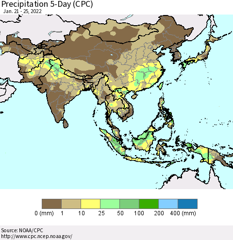Asia Precipitation 5-Day (CPC) Thematic Map For 1/21/2022 - 1/25/2022