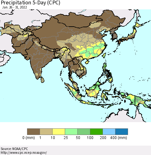 Asia Precipitation 5-Day (CPC) Thematic Map For 1/26/2022 - 1/31/2022
