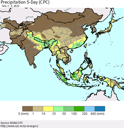 Asia Precipitation 5-Day (CPC) Thematic Map For 2/1/2022 - 2/5/2022