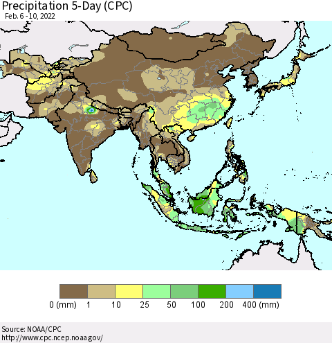 Asia Precipitation 5-Day (CPC) Thematic Map For 2/6/2022 - 2/10/2022