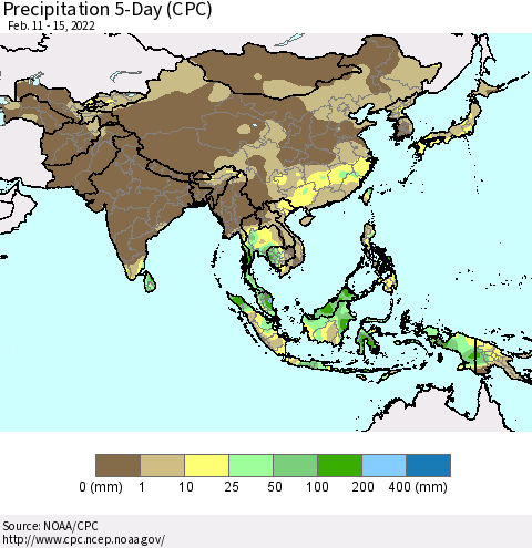 Asia Precipitation 5-Day (CPC) Thematic Map For 2/11/2022 - 2/15/2022