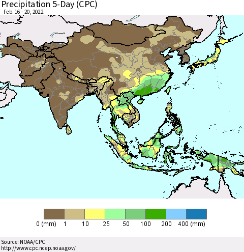 Asia Precipitation 5-Day (CPC) Thematic Map For 2/16/2022 - 2/20/2022