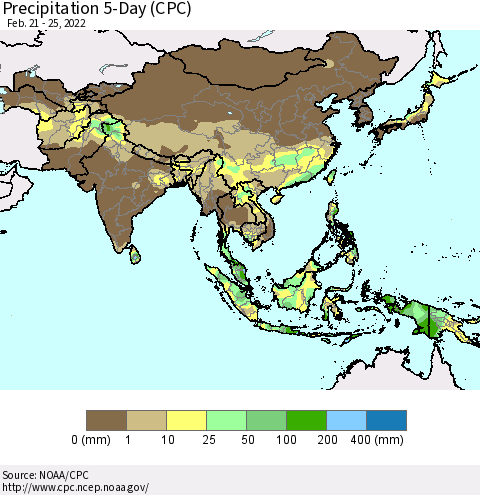 Asia Precipitation 5-Day (CPC) Thematic Map For 2/21/2022 - 2/25/2022