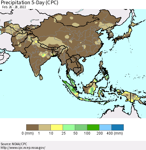Asia Precipitation 5-Day (CPC) Thematic Map For 2/26/2022 - 2/28/2022