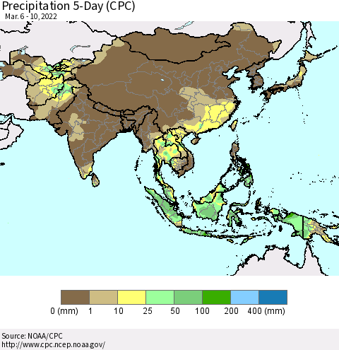 Asia Precipitation 5-Day (CPC) Thematic Map For 3/6/2022 - 3/10/2022