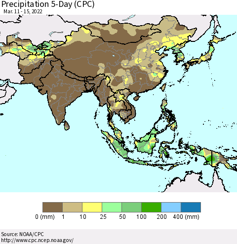 Asia Precipitation 5-Day (CPC) Thematic Map For 3/11/2022 - 3/15/2022