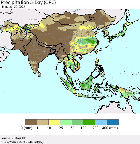 Asia Precipitation 5-Day (CPC) Thematic Map For 3/16/2022 - 3/20/2022