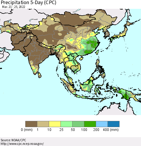Asia Precipitation 5-Day (CPC) Thematic Map For 3/21/2022 - 3/25/2022