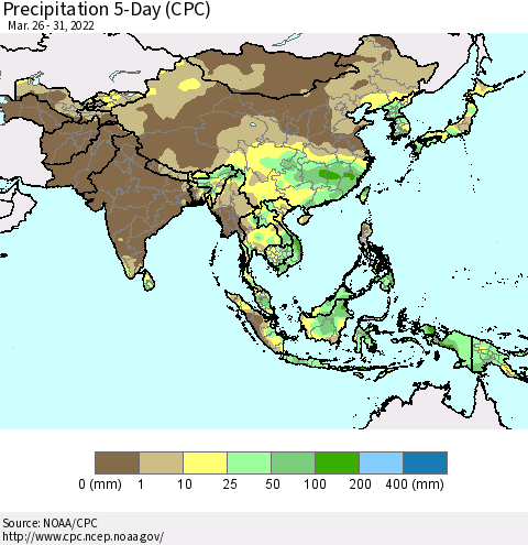 Asia Precipitation 5-Day (CPC) Thematic Map For 3/26/2022 - 3/31/2022