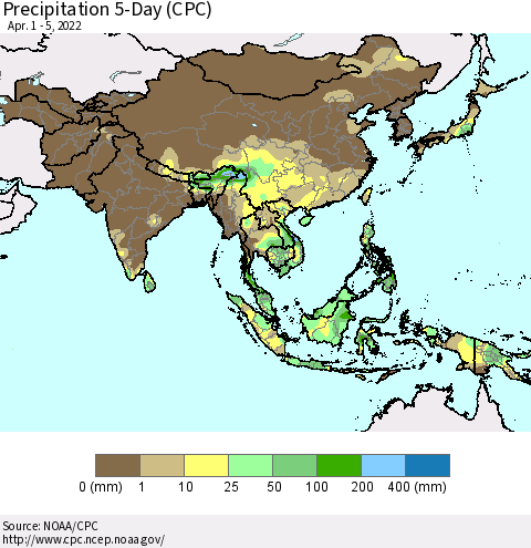 Asia Precipitation 5-Day (CPC) Thematic Map For 4/1/2022 - 4/5/2022