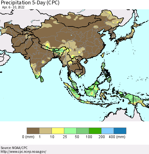 Asia Precipitation 5-Day (CPC) Thematic Map For 4/6/2022 - 4/10/2022