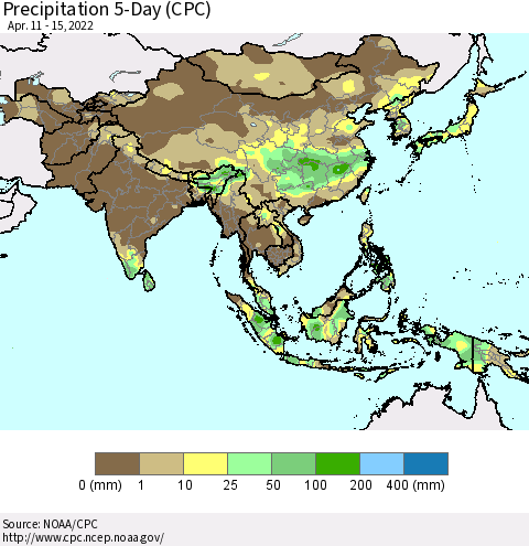 Asia Precipitation 5-Day (CPC) Thematic Map For 4/11/2022 - 4/15/2022