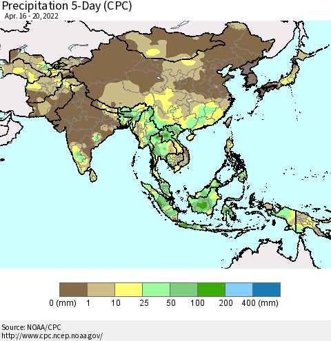 Asia Precipitation 5-Day (CPC) Thematic Map For 4/16/2022 - 4/20/2022