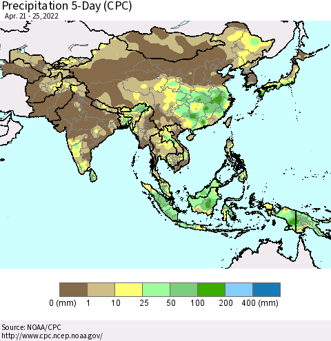 Asia Precipitation 5-Day (CPC) Thematic Map For 4/21/2022 - 4/25/2022