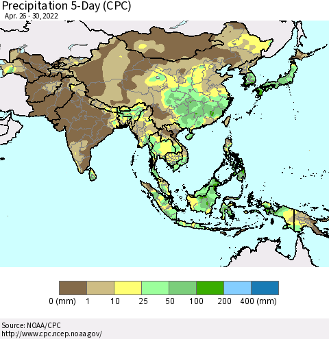 Asia Precipitation 5-Day (CPC) Thematic Map For 4/26/2022 - 4/30/2022