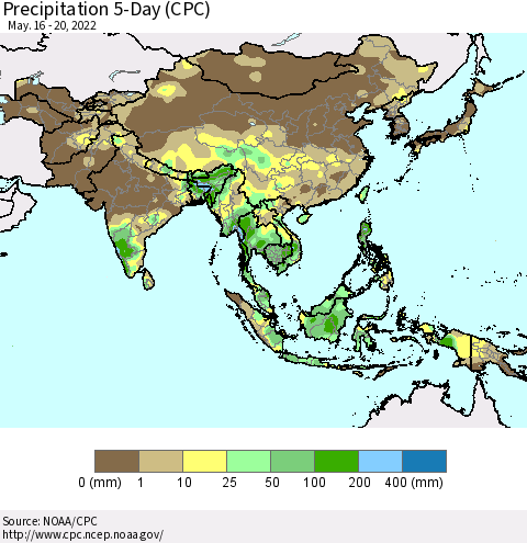 Asia Precipitation 5-Day (CPC) Thematic Map For 5/16/2022 - 5/20/2022