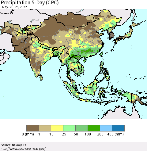 Asia Precipitation 5-Day (CPC) Thematic Map For 5/21/2022 - 5/25/2022